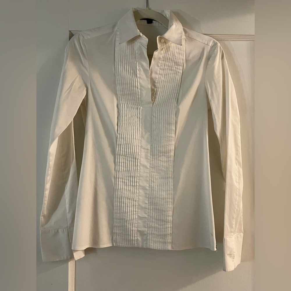 Hugo Boss Bashina Tuxedo Blouse Side Zip Long Sleeve Blouse In White - Size 0